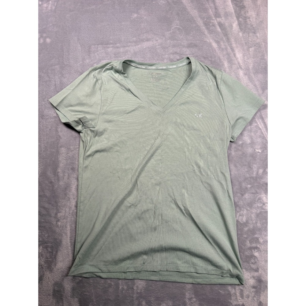 Calvin Klein Womens T Shirt Large Olive Green V Neck Cotton Stretch CKGLG0212S